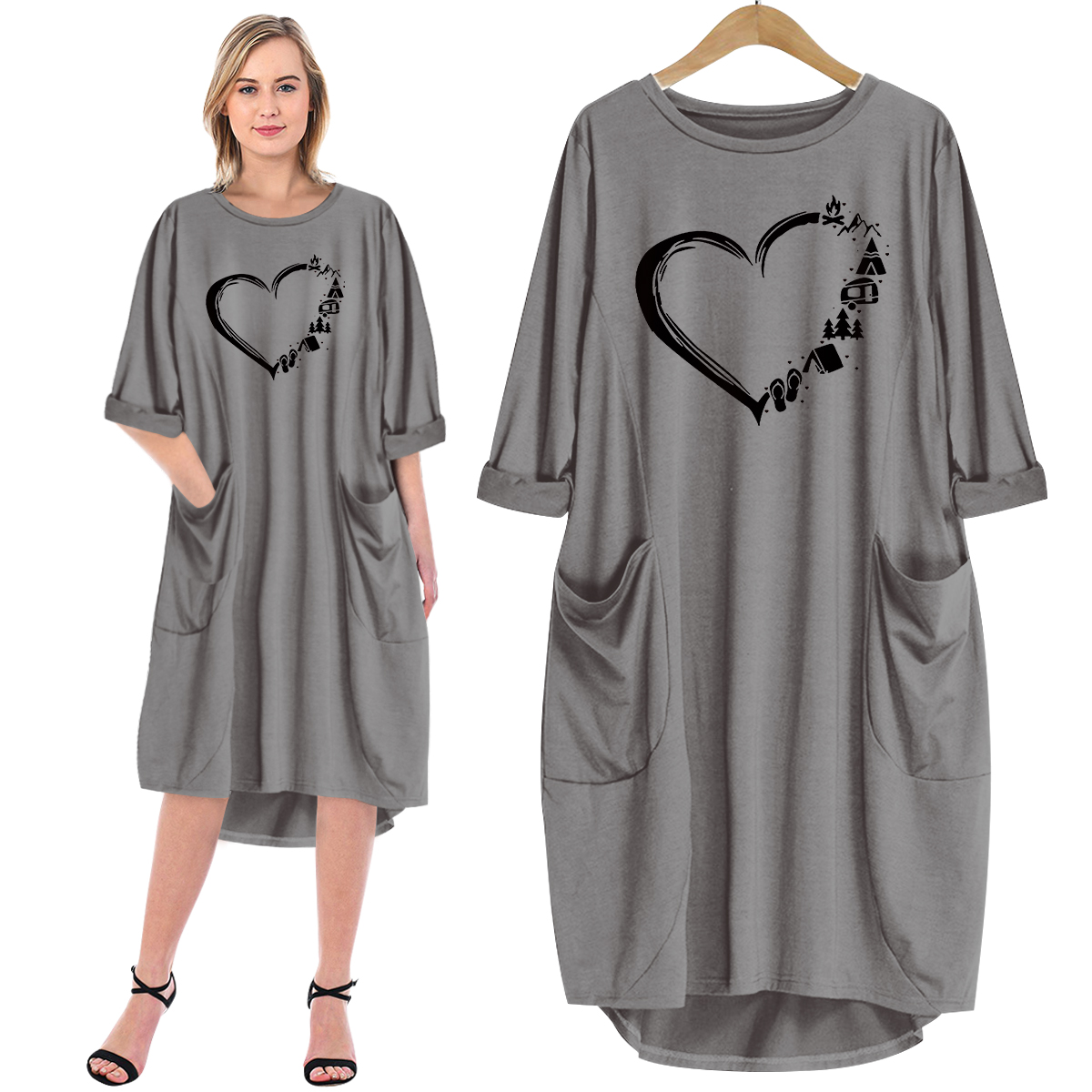 Heart Camping Long Shirt Dress With Pocket – Wozoro