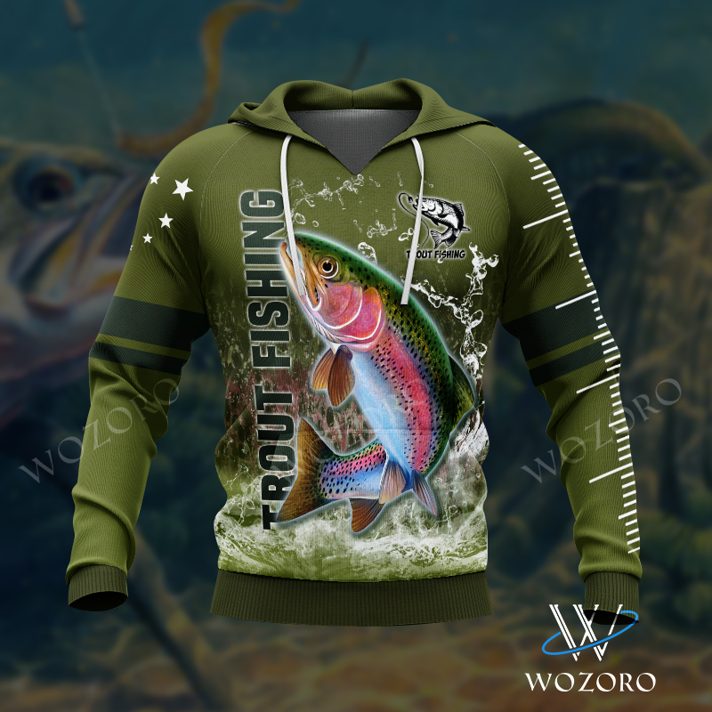 Wozoro 3D All Over Printed Shirt Rainbow Trout Fishing Hoodie, Zip